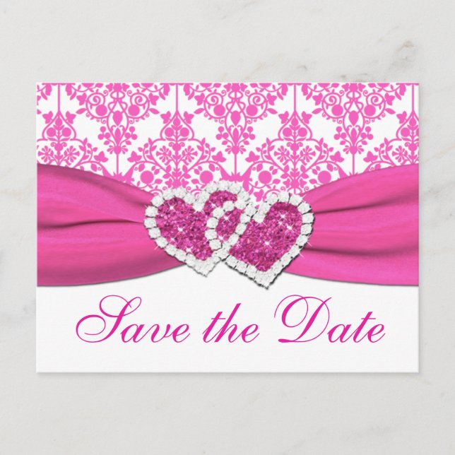 Pink, White Damask Hearts Save the Date Postcard (Front)