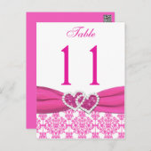 Pink, White Damask Joined Hearts Table Number (Front/Back)