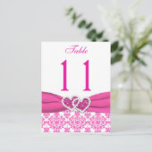 Pink, White Damask Joined Hearts Table Number (Standing Front)