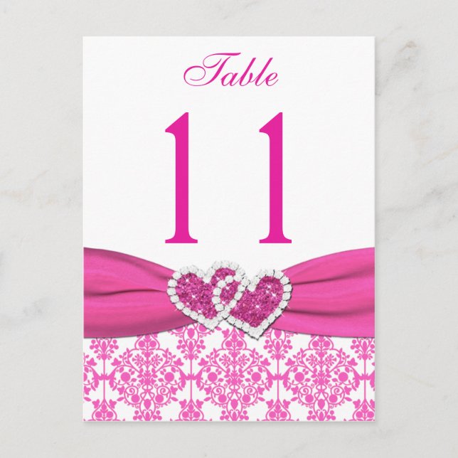 Pink, White Damask Joined Hearts Table Number (Front)