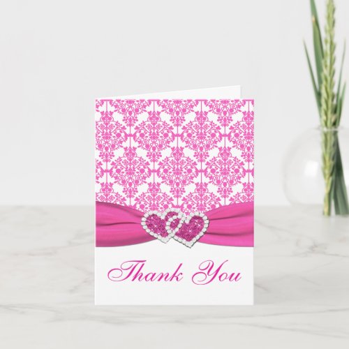 Pink White Damask Joined Hearts Thank You Card