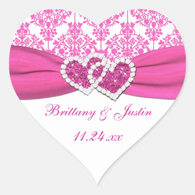 Pink, White Damask Joined Hearts Wedding Sticker (Front)