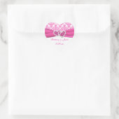 Pink, White Damask Joined Hearts Wedding Sticker (Bag)