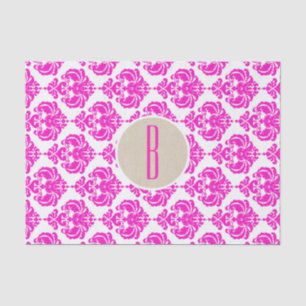 Pink White Damask Kraft Monogram Letter Initial Tissue Paper