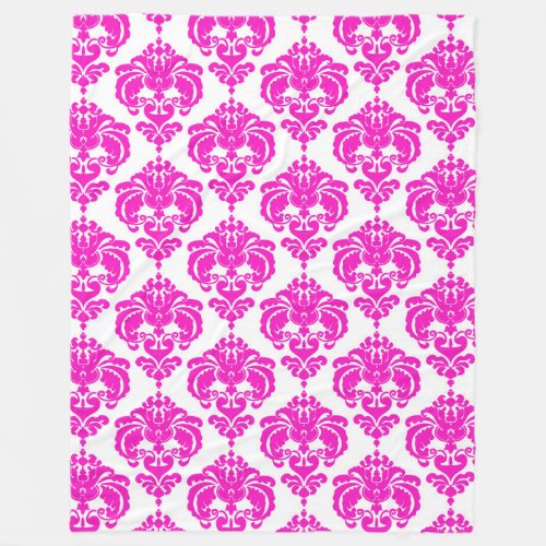 Pink  White Damask Pattern Chic Elegant Trendy Fleece Blanket