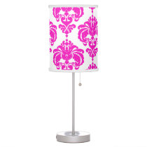 Pink & White Damask Pattern Chic Elegant Trendy Table Lamp