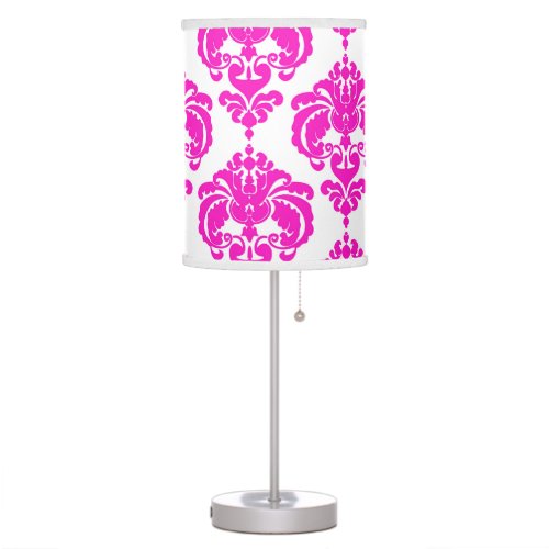 Pink  White Damask Pattern Chic Elegant Trendy Table Lamp