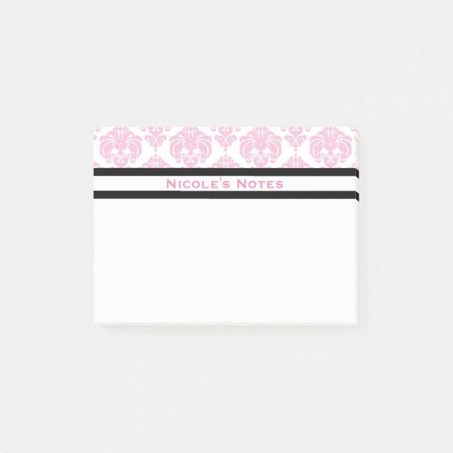 Pink & White Damask Pattern Modern Personalized Post-it Notes (Front)