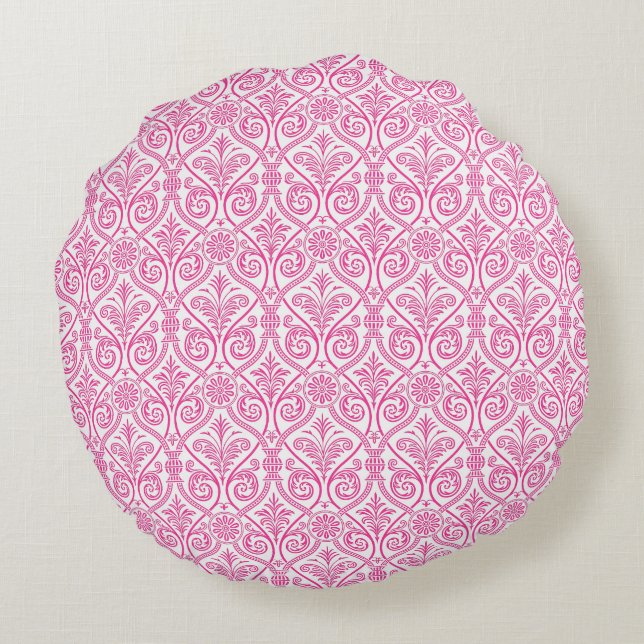 Pink & White Damask Round Pillow (Back)
