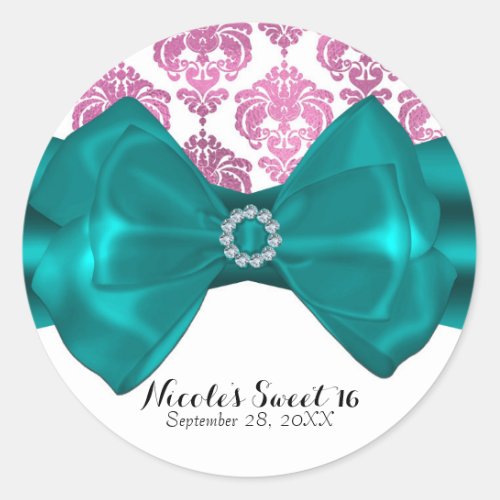 Pink  White Damask Teal Bow Glam Sweet 16 Party Classic Round Sticker