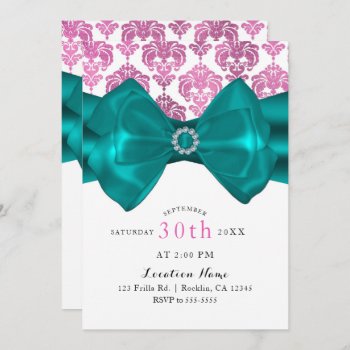 Pink & White Damask Teal Bow Glam Sweet 16 Party Invitation by printabledigidesigns at Zazzle