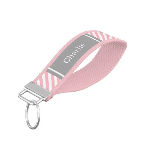 Pink White Diag Stripe Dk Gray Name Monogram Wrist Keychain