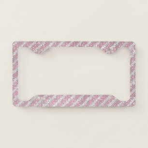 Pink White Diagonal Stripes Sparkle License Plate Frame