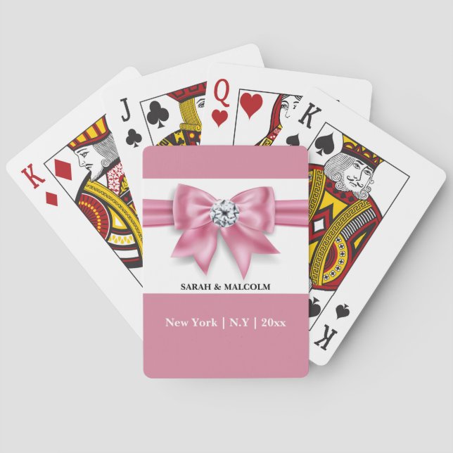 Pink white diamond bow girly favors name poker cards (Back)