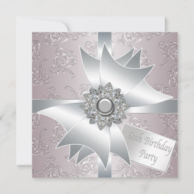 Pink White Diamond Bow Womans 60th Birthday Party Invitation (Front)