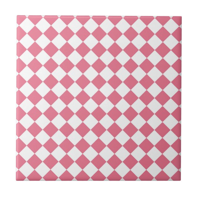Pink White Diamond Checker Pattern Ceramic Tile (Front)