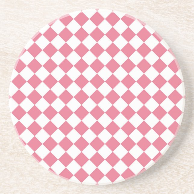 Pink White Diamond Checker Pattern Coaster (Front)