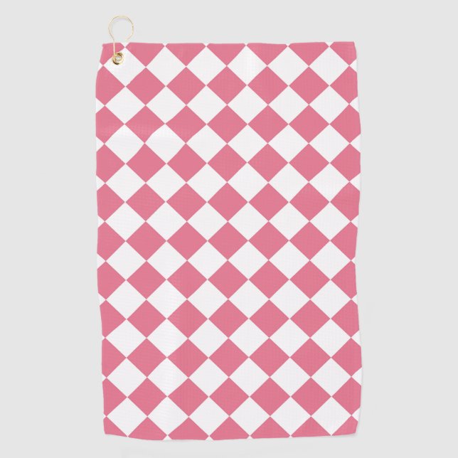Pink White Diamond Checker Pattern Golf Towel (Front)