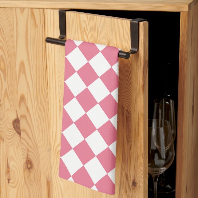 Pink White Diamond Checker Pattern Kitchen Towel (Thirds Fold)