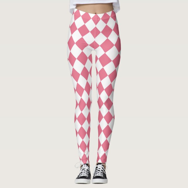 Pink White Diamond Checker Pattern Leggings (Front)
