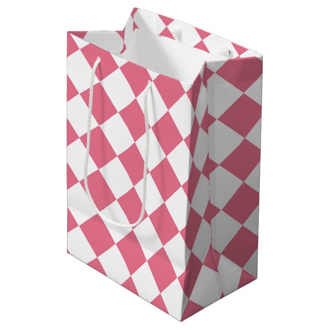 Pink White Diamond Checker Pattern Medium Gift Bag (Front Angled)