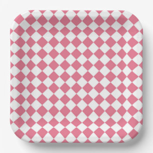 Pink White Diamond Checker Pattern Paper Plates