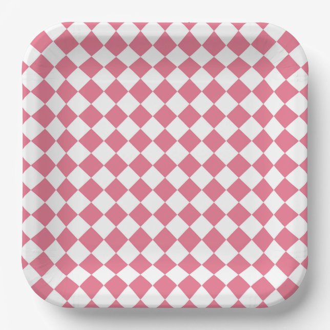 Pink White Diamond Checker Pattern Paper Plates (Front)