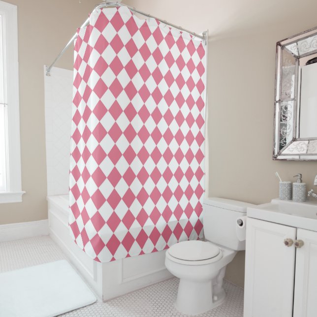 Pink White Diamond Checker Pattern Shower Curtain (In Situ)