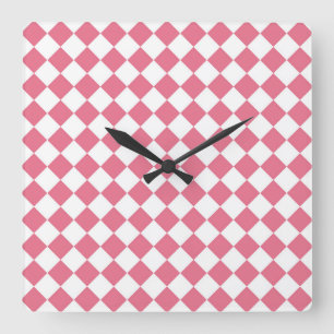 Pink White Diamond Checker Pattern Square Wall Clock