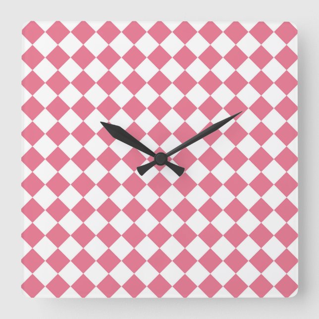 Pink White Diamond Checker Pattern Square Wall Clock (Front)