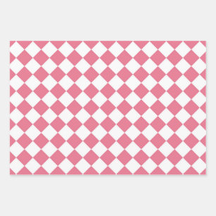Pink White Diamond Checker Pattern Wrapping Paper Sheets