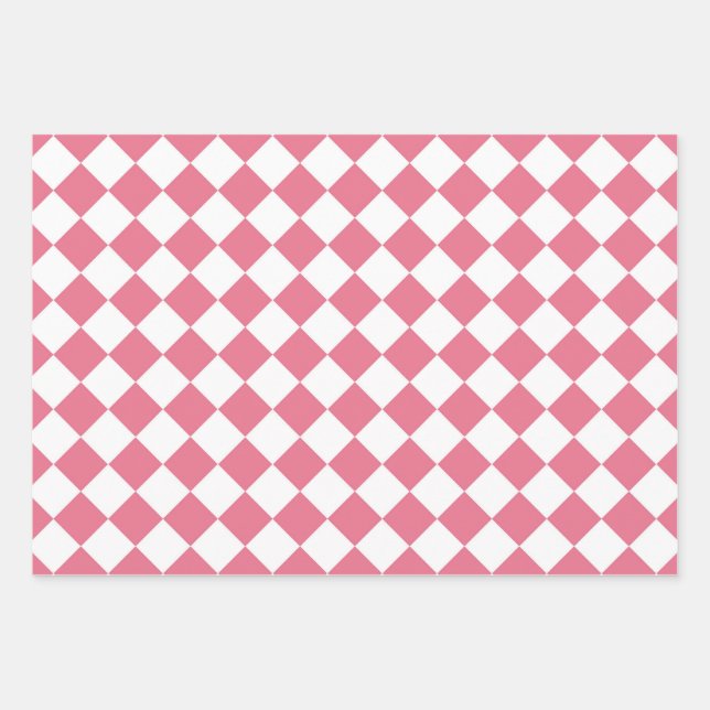 Pink White Diamond Checker Pattern Wrapping Paper Sheets (Front)