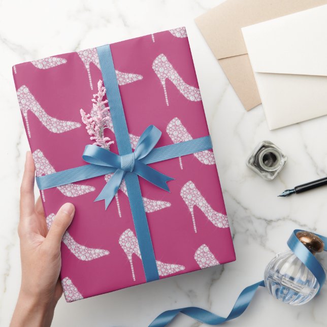 Pink White Diamond High Heel Shoes Bridal Shower Wrapping Paper (Gifting)