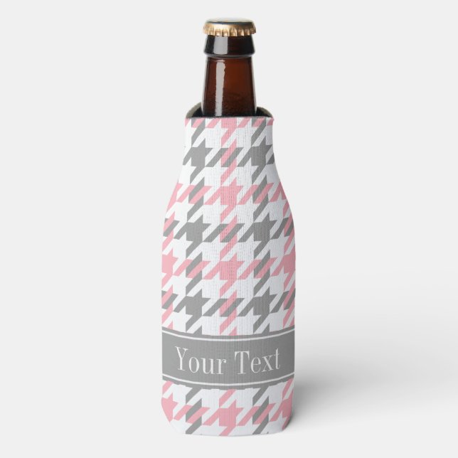 Pink White Dk Gray Houndstooth Name Monogram Bottle Cooler (Bottle Front)