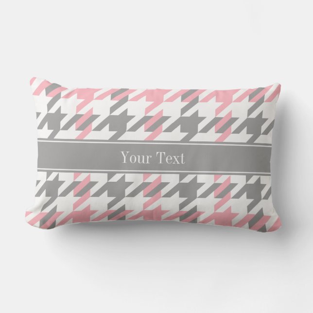 Pink White Dk Gray Houndstooth Name Monogram Lumbar Pillow (Front)