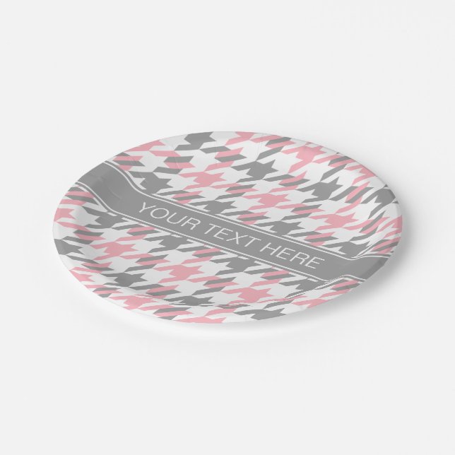 Pink White Dk Gray Houndstooth Name Monogram Paper Plates (Angled)