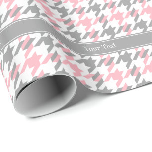Pink White Dk Gray Houndstooth Name Monogram Wrapping Paper