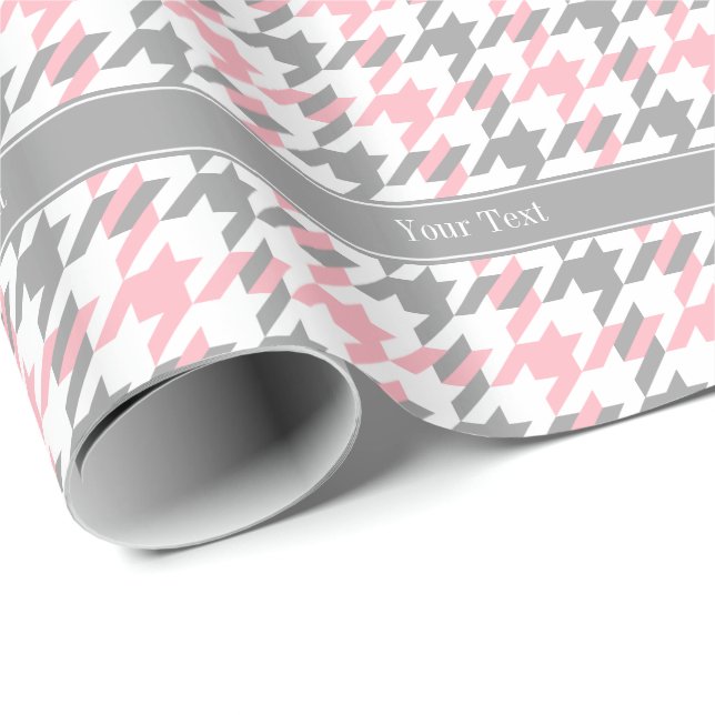 Pink White Dk Gray Houndstooth Name Monogram Wrapping Paper (Roll Corner)