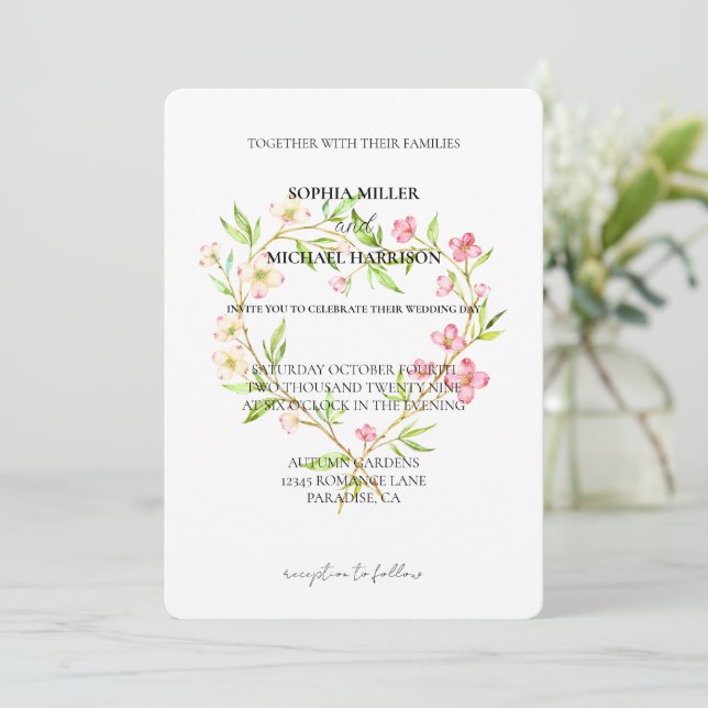  Pink White Dogwood Floral Heart Wedding Invitation (Standing Front)
