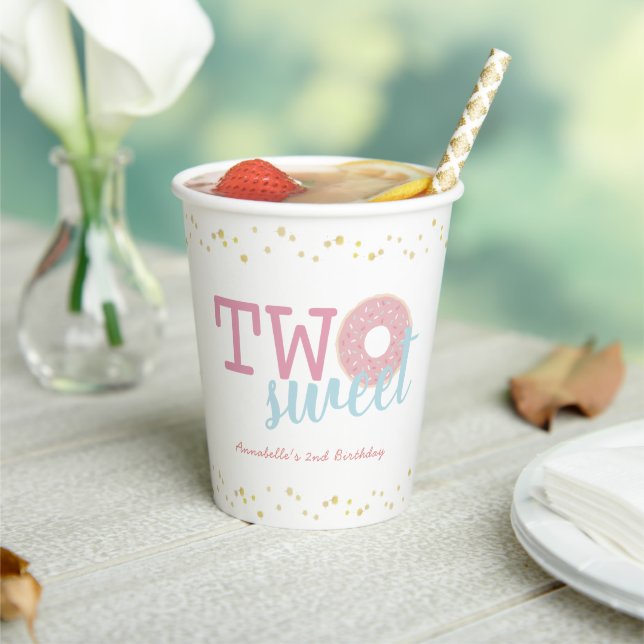 Pink White Donut Two Sweet 2nd Birthday Paper Cups (Insitu)
