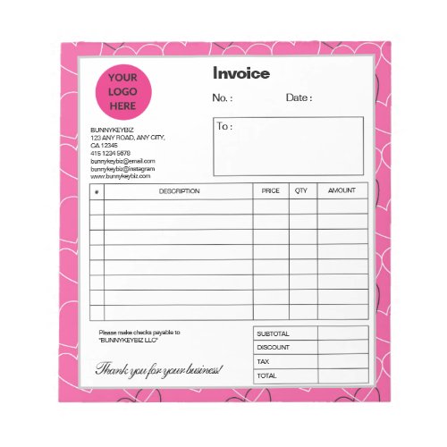 Pink White Doodle Company Business Shop Invoice Notepad