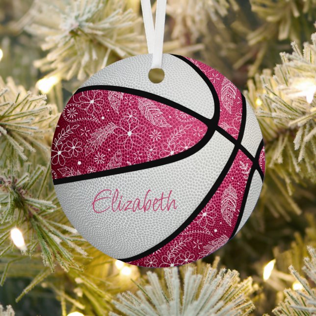 pink white doodle floral boho pattern basketball metal ornament (Insitu)