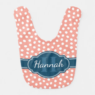 Pink White Dotted Pattern Navy Monogram Baby Bib