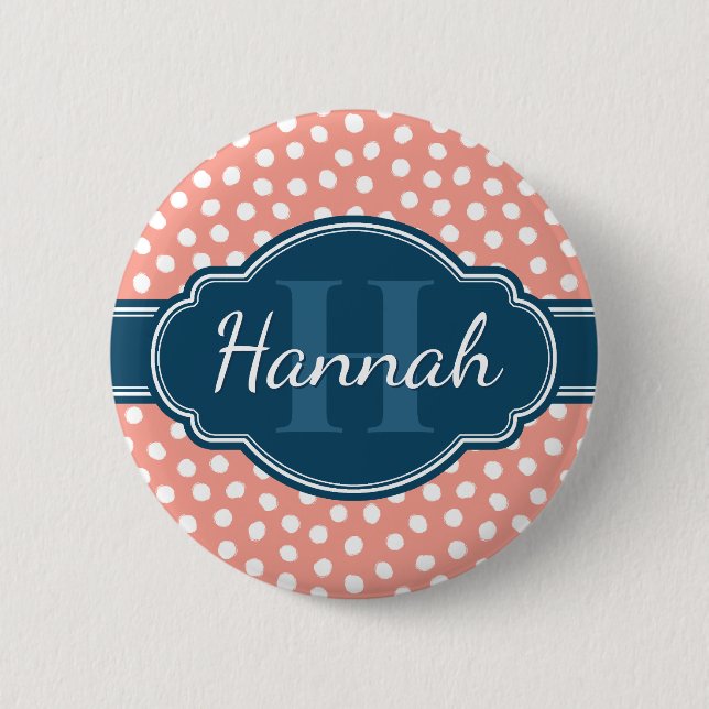 Pink White Dotted Pattern Navy Monogram Button (Front)