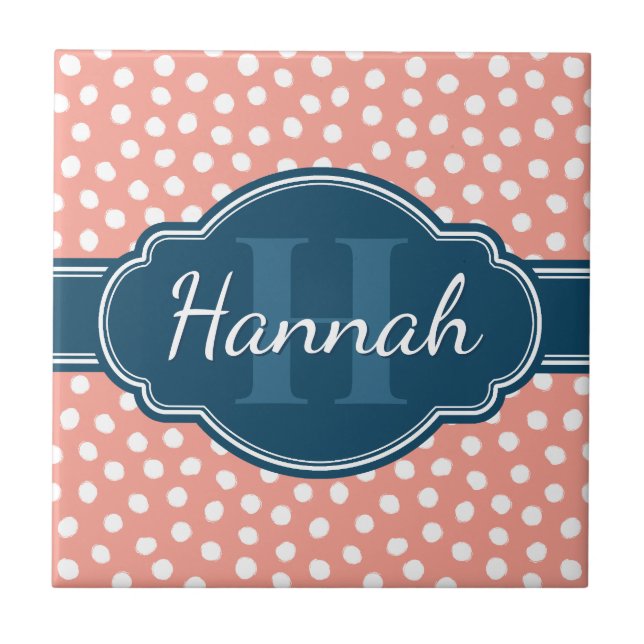 Pink White Dotted Pattern Navy Monogram Ceramic Tile (Front)