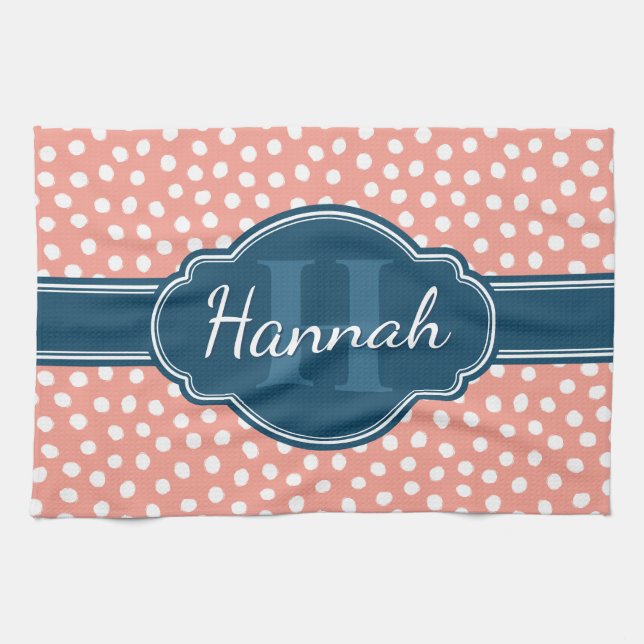 Pink White Dotted Pattern Navy Monogram Kitchen Towel (Horizontal)