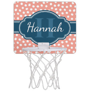 Pink White Dotted Pattern Navy Monogram Mini Basketball Hoop