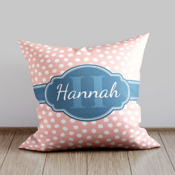 Pink White Dotted Pattern Navy Monogram Throw Pillow by DoodlesGiftShop at Zazzle