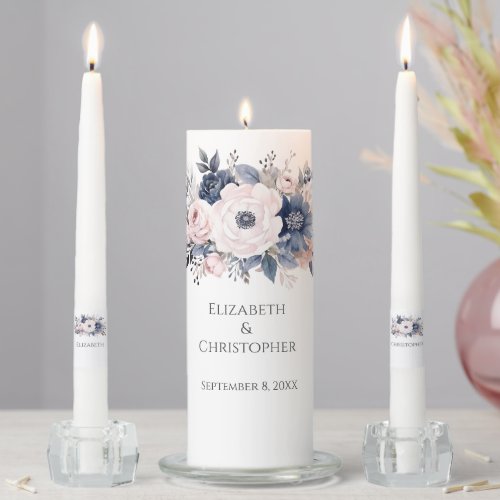 Pink White Dusty Blue Floral Flowers Wedding Unity Candle Set