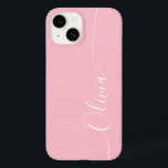 Pink White Elegant Calligraphy Script Name Case-Mate iPhone 14 Case<br><div class="desc">Pink White Elegant Calligraphy Script Custom Personalized Name iPhone 14 Smart Phone Cases features a modern and trendy simple and stylish design with your personalized name in elegant hand written calligraphy script typography on a soft pink background. Designed by ©Evco Studio www.zazzle.com/store/evcostudio</div>